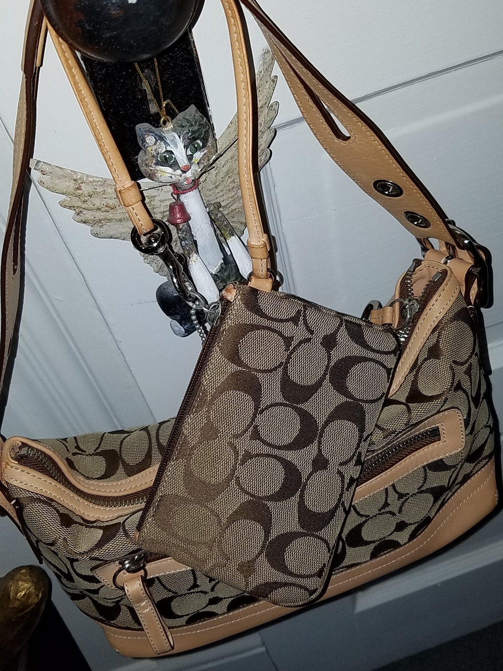 Coach Signature Shoulder Bag with Vachetta Leather Trim and Wristlet